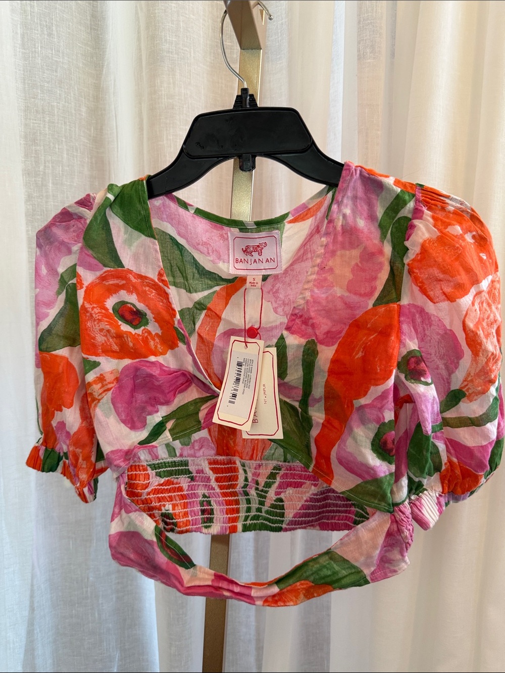 Banjanan Pink, Orange & Green Floral Puff-Sleeve Cropped Top